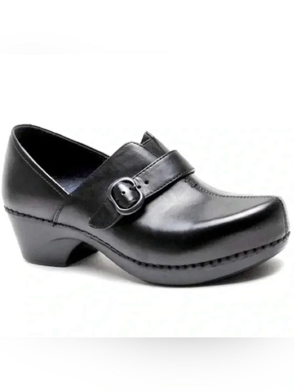Dansko Tamara black leather side buckle slip
on clog. Size Euro 40/USA 10